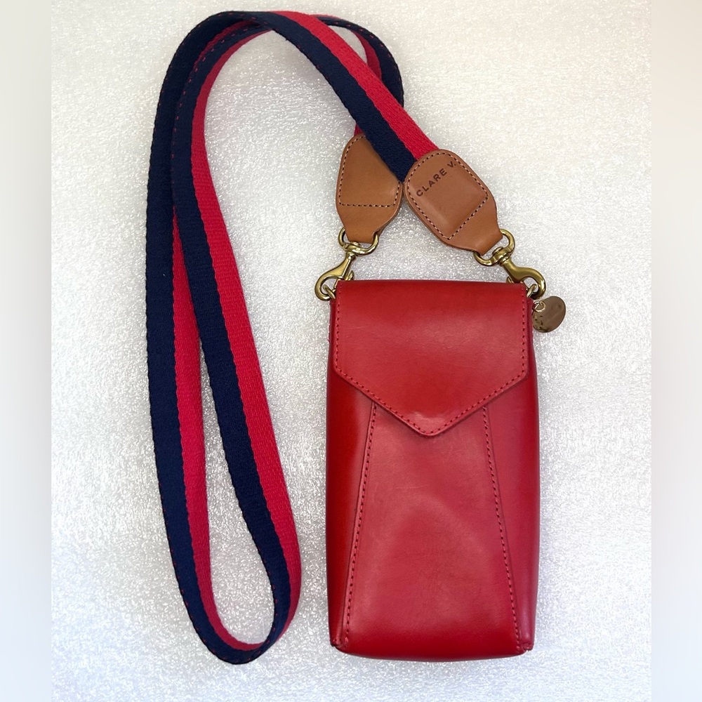 Clare V. Camille Crossbody Red Leather Mini Purse Bag w Navy/Red Shoulder Strap